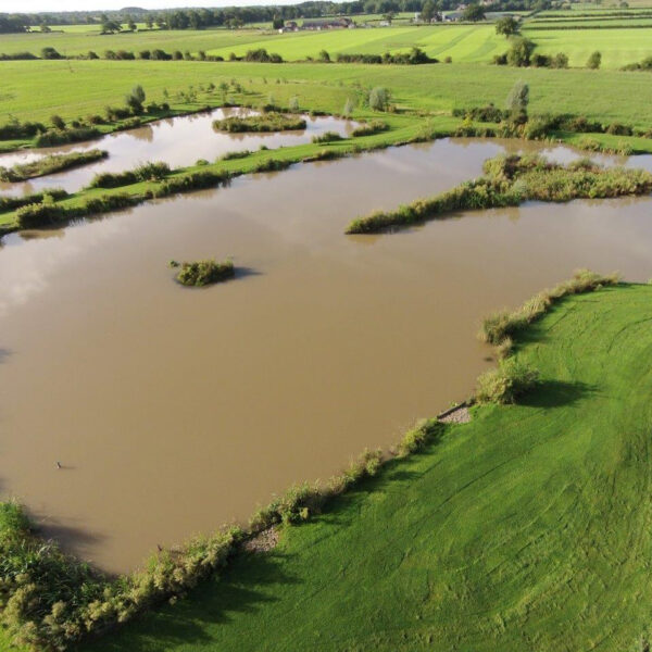 Aerial view of the lakes at New Farm Fishery in Cheshire
