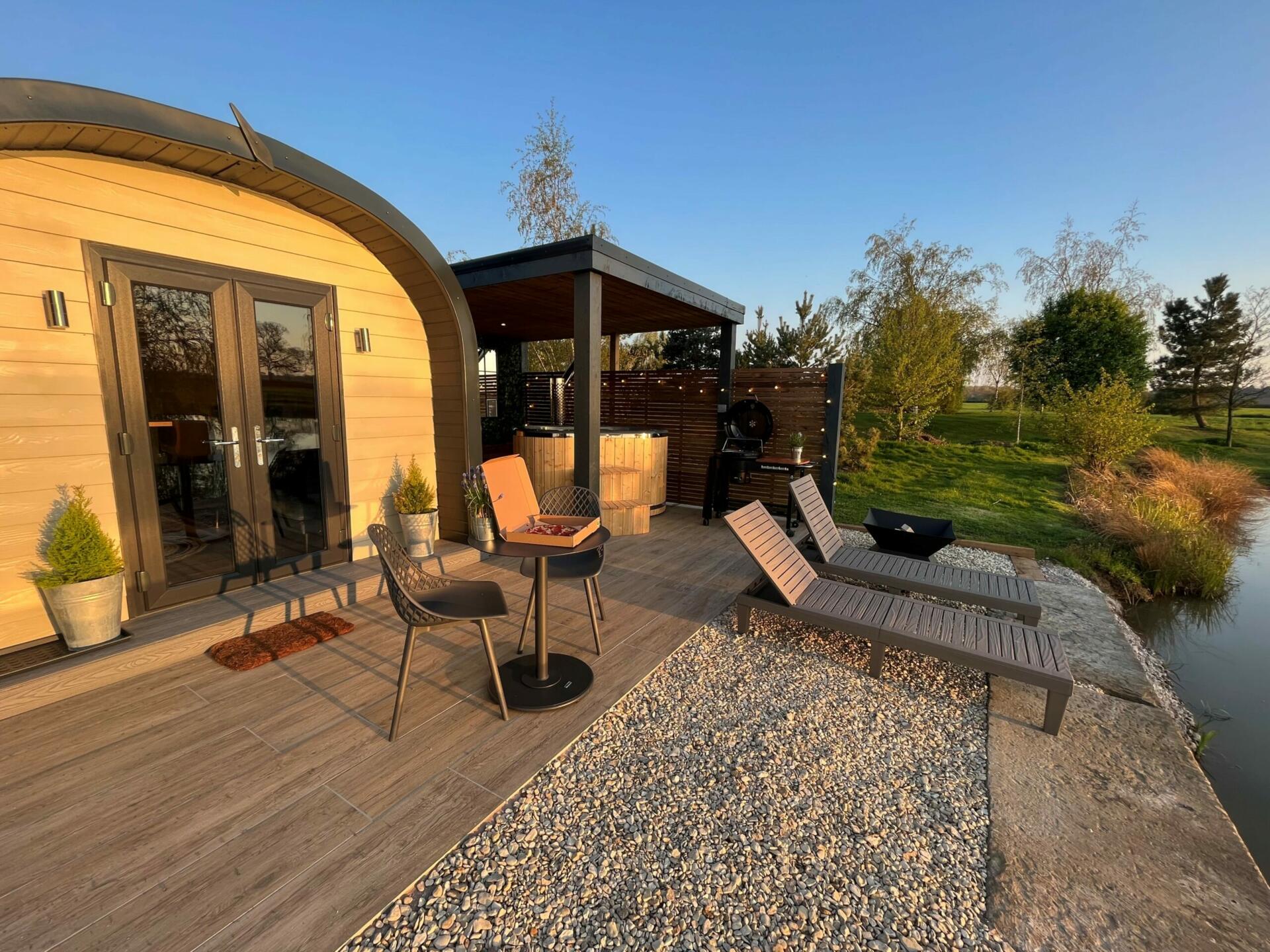 The modern new glamping pods at New Farm Fishery in Cheshire