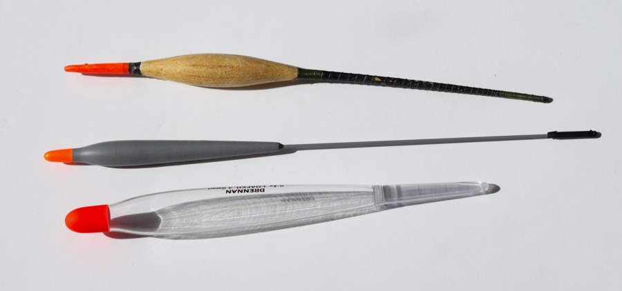 Three different types of stick floats for river fishing.