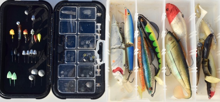 An organised box of fishing accessories