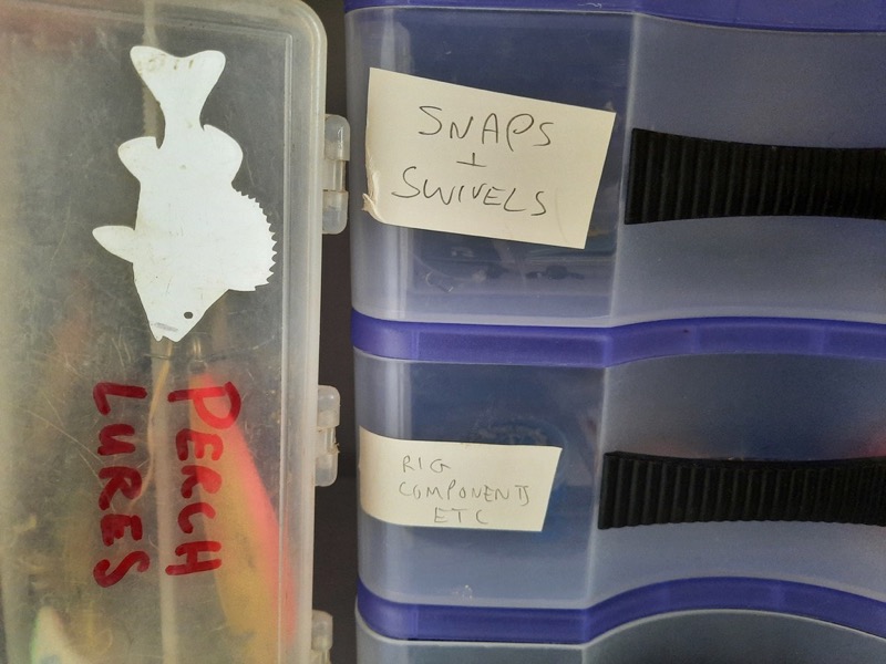 Plastic boxes with labels on