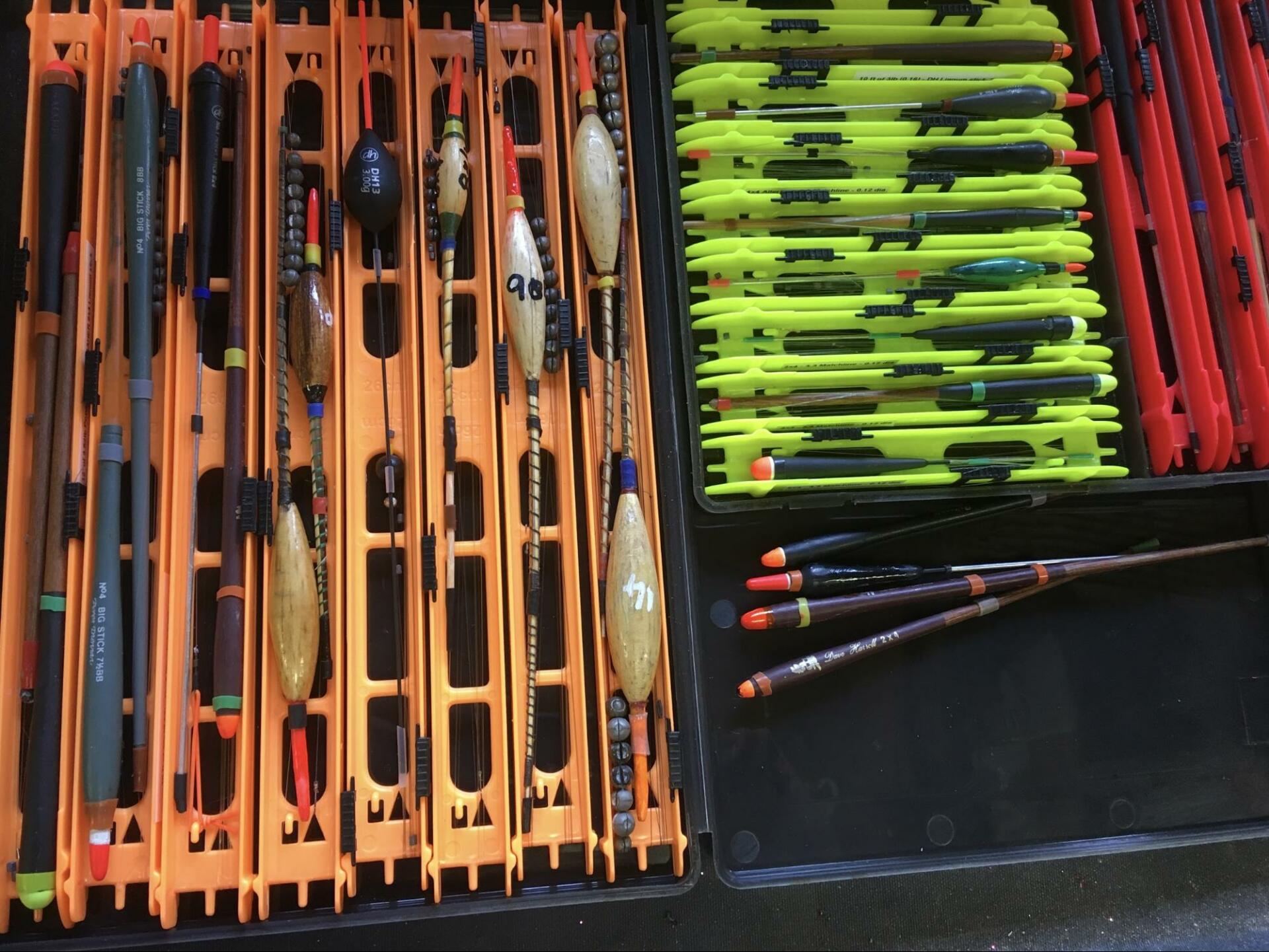 A selection of river floats on winders. Having rigs ready prepared on winders is something that works for rivers just as it does on commercial waters.