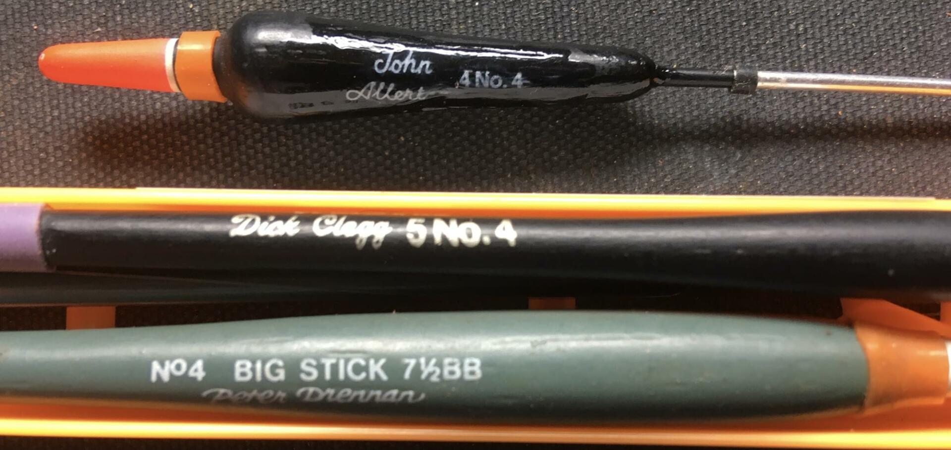 Three stick floats by different manufacturers showing the approximate weight that each float will carry. The two upper floats clearly show how many No4 shot they carry. Rather confusingly the Drennan float at the bottom is a No4 Big Stick and the weight it carries is shown as the number of BB shot required.