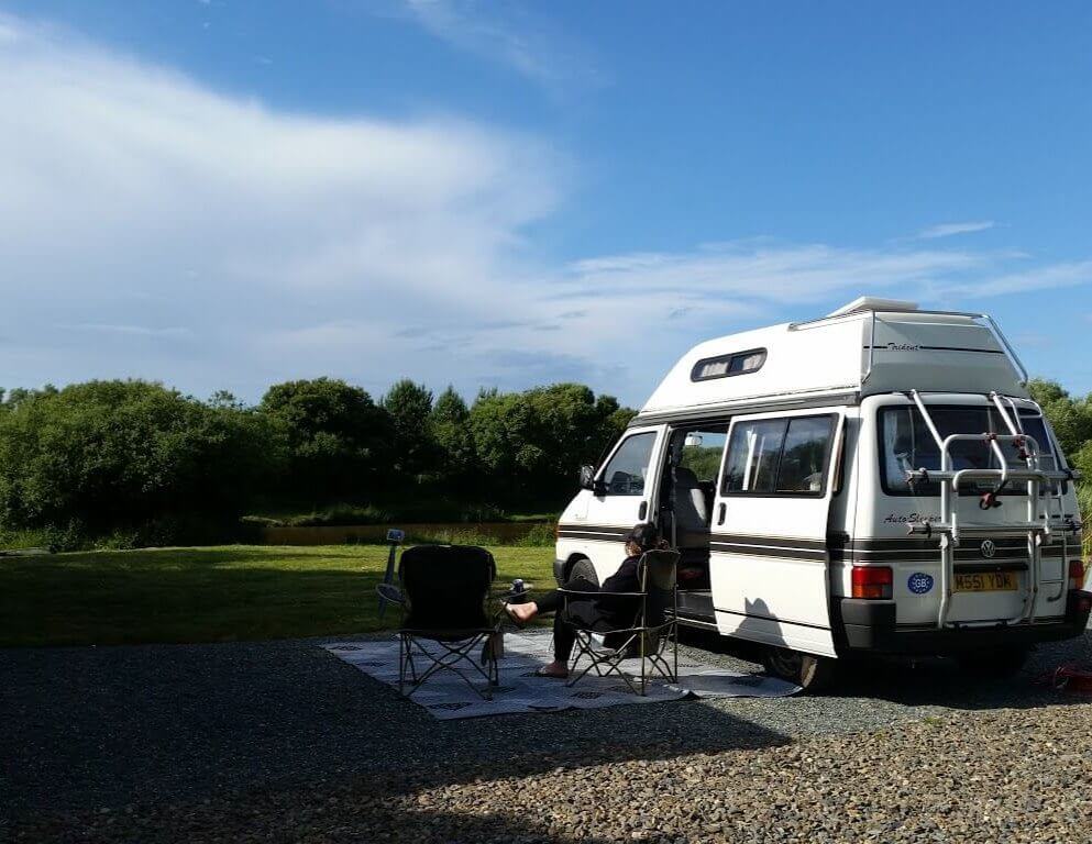 A motorhome pitch at Yet-Y-Gors Fishing and campings site near Fishguard in Wales