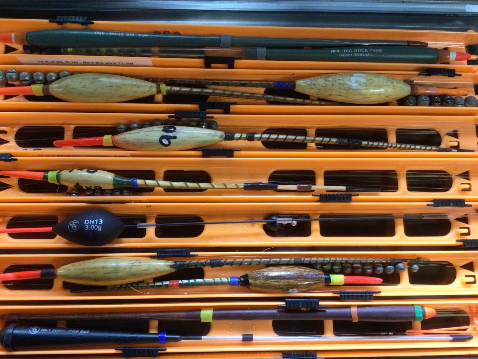 Various ‘Topper floats’ on rigs can be seen amongst the stick floats and a solitary bolo float.